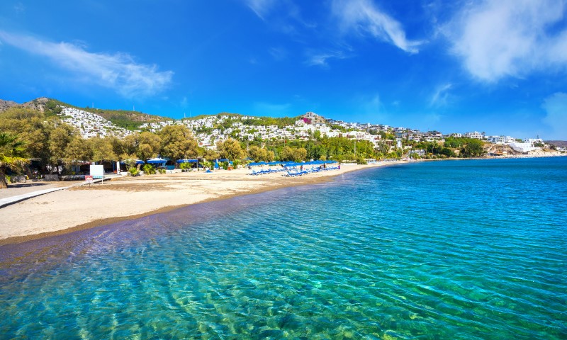 View of a white sandy beach, houses and trees from the clear turquoise water