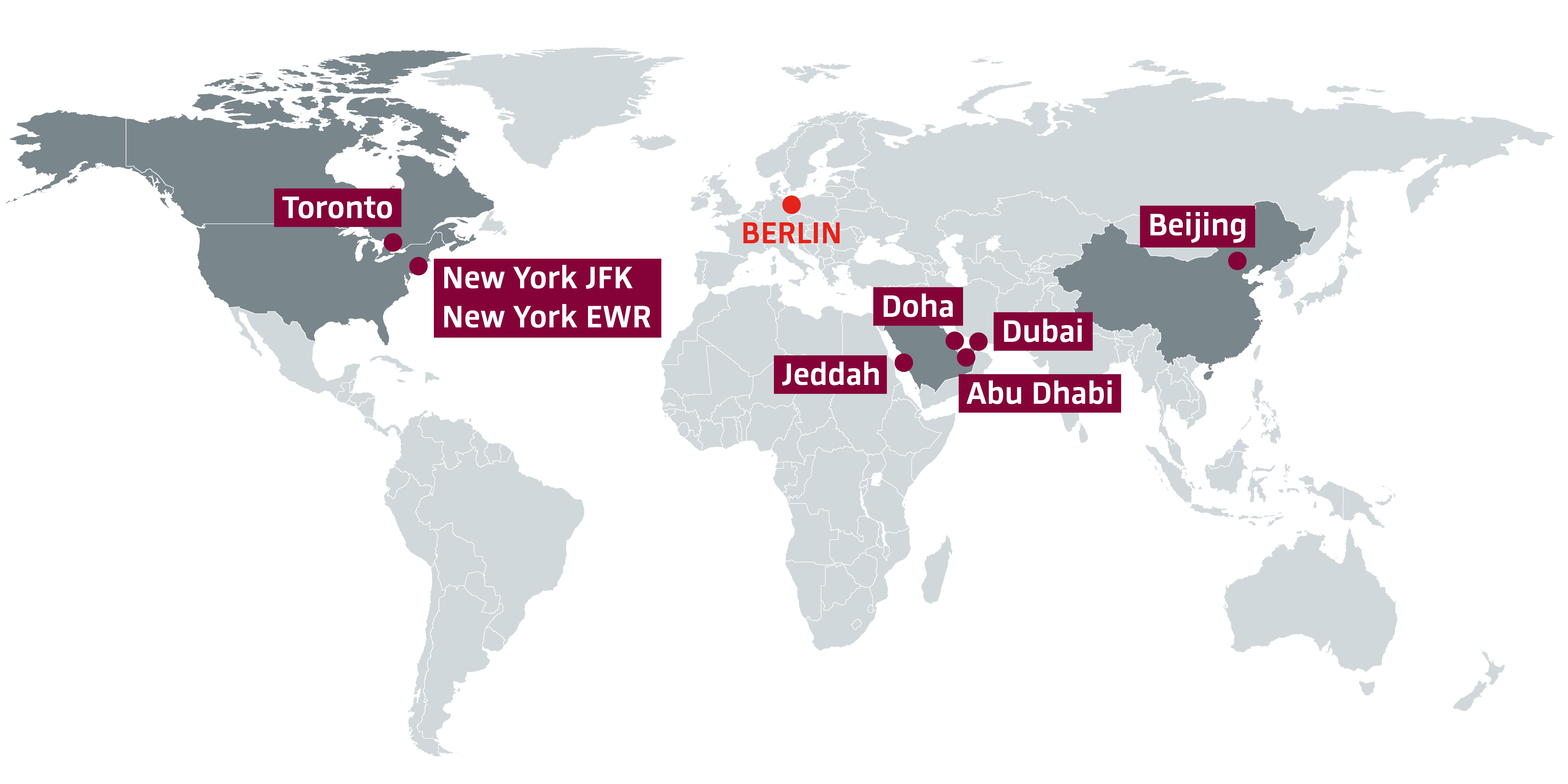 World map showing the long-haul destinations. These are: Toronto, New York JFK and EWR, Jeddah, Doha, Dubai, Abu Dhabi and Beijing.