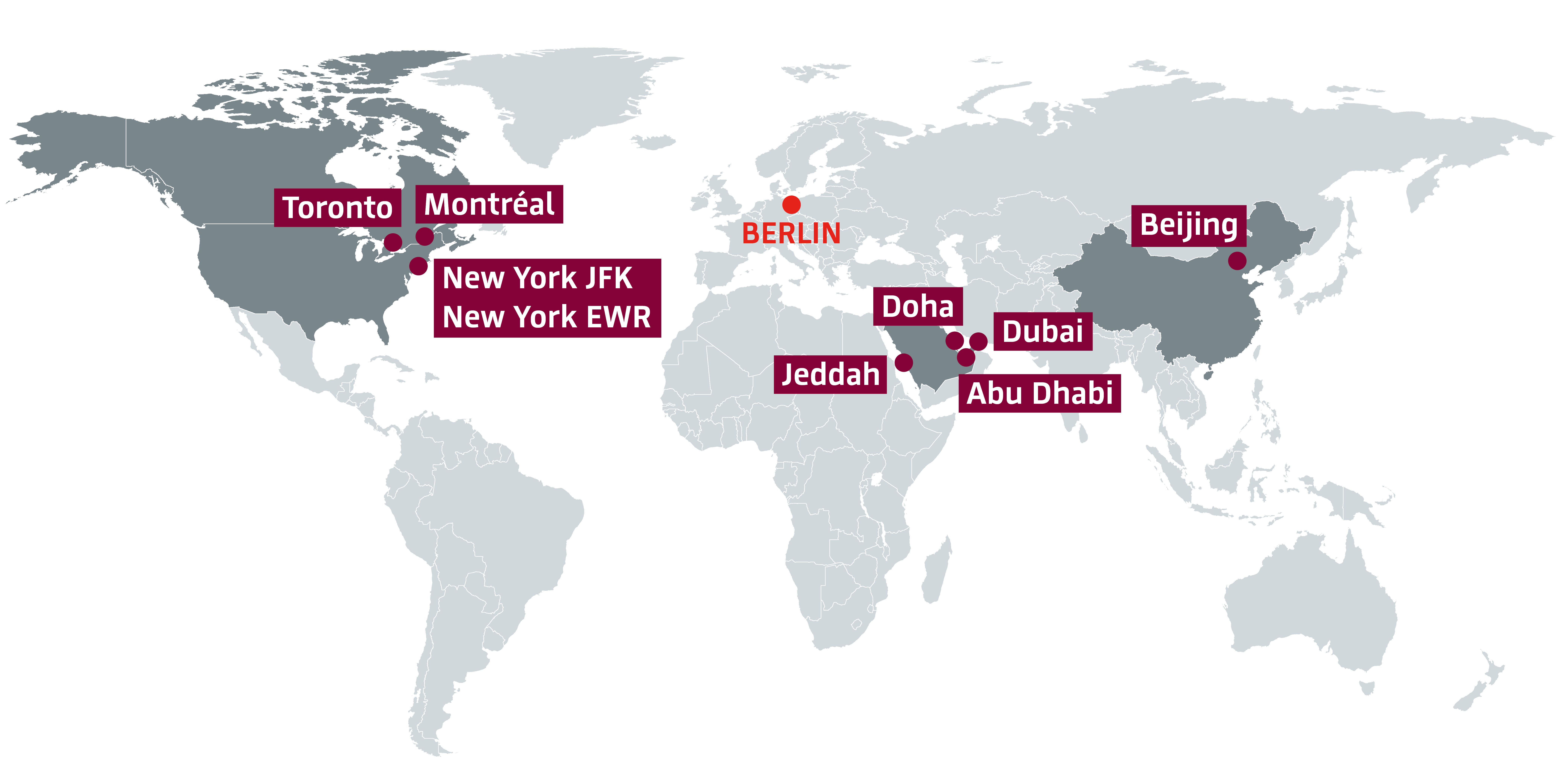 World map showing the long-haul destinations. These are: Toronto, Montreal, New York JFK and EWR, Jeddah, Doha, Dubai, Abu Dhabi and Beijing.