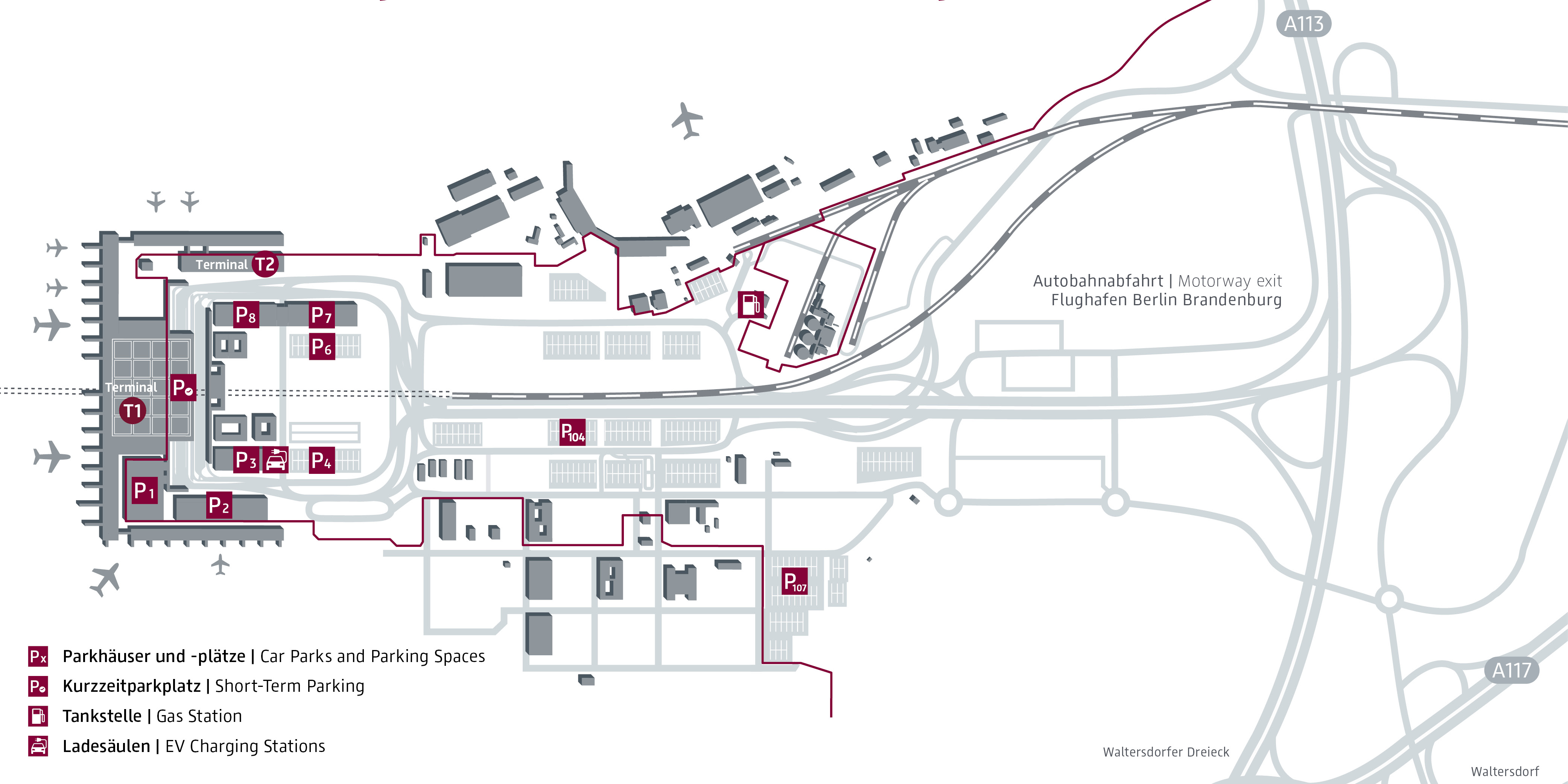Drawn map from a bird's eye view with a view of the buildings and surroundings of the airport site.