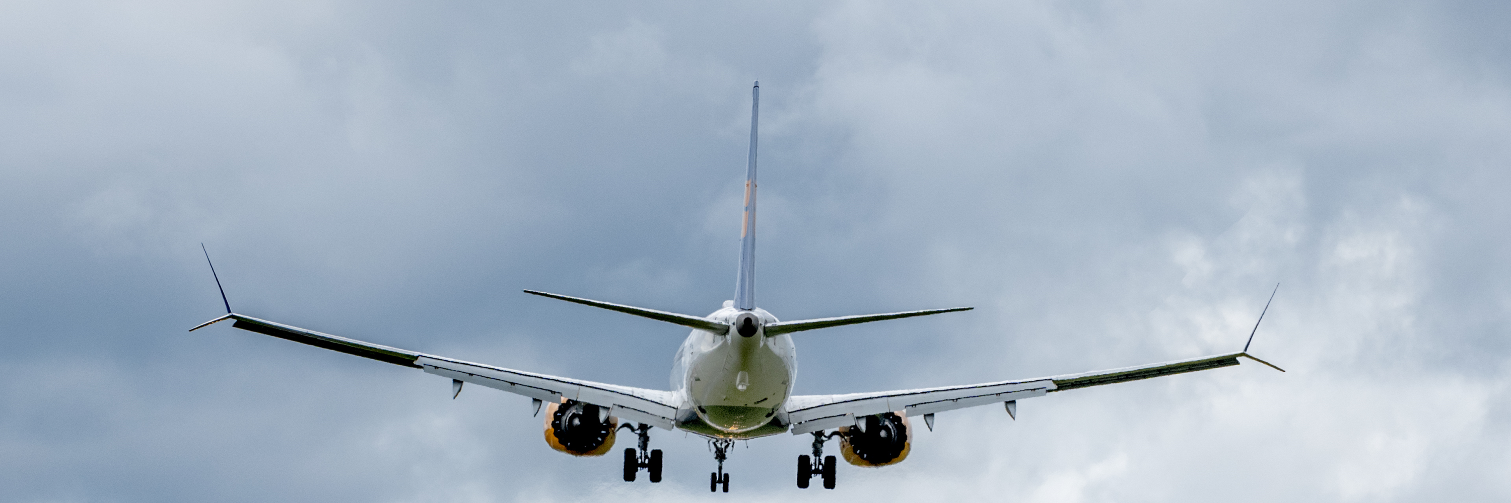 Flugzeug in der Luft von hinten gesehen.