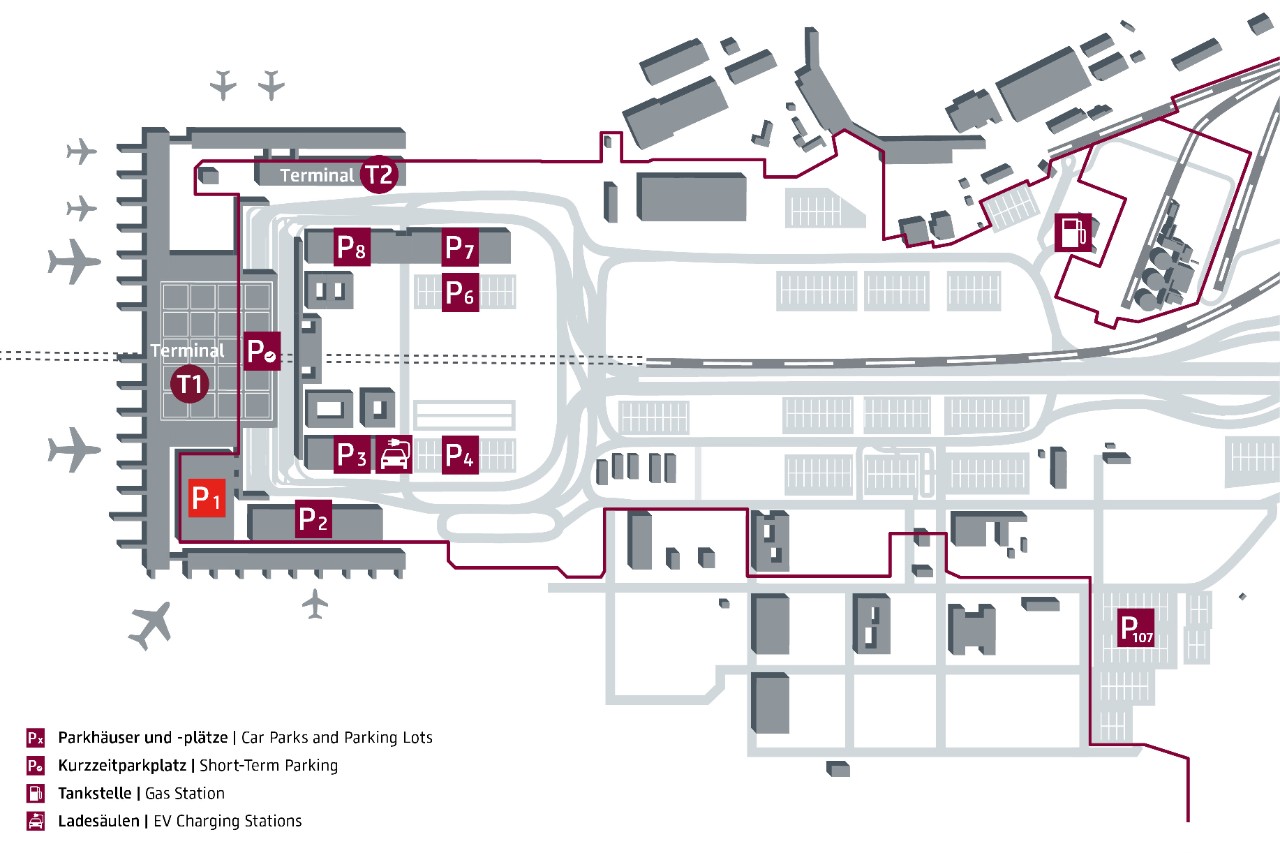 Englisch: Lageplan Parkhaus P1. Das Parkhaus befindet sich direkt am Terminal 1, mit Zugang zur VIP-Lounge.
