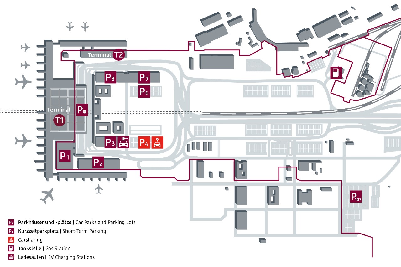 Lageplan Parkplatz P4. Der Parkplatz, auf dem sich die Carsharing-Parkplätze befinden, liegt in der Airport City, in unmittelbarer Terminalnähe.