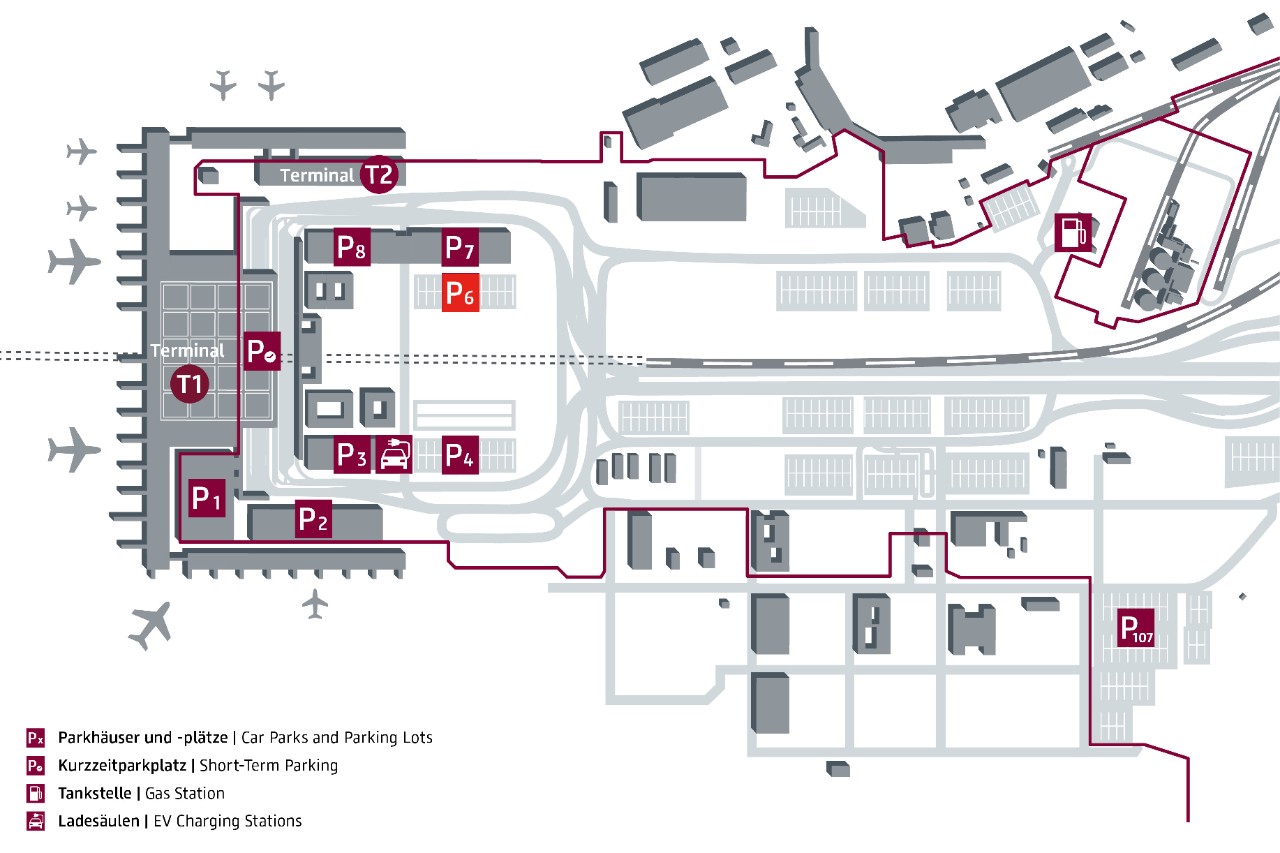 Lageplan Parkplatz P6. Der Parkplatz liegt in der Airport City, in unmittelbarer Terminalnähe.