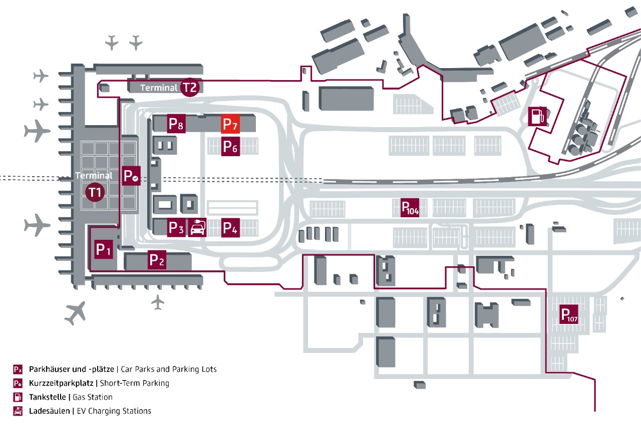 Lageplan Parkhaus P. Das Parkhaus befindet sich in der Airport City, in unmittelbarer Nähe zu den Terminals. 