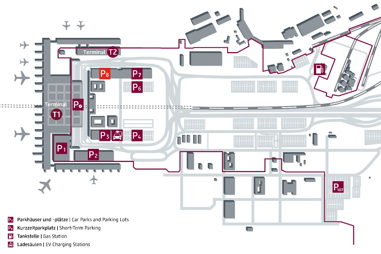 Lageplan Parkhaus P8. Das Parkhaus befindet sich in der Airport City, in unmittelbarer Nähe zu den Terminals. 