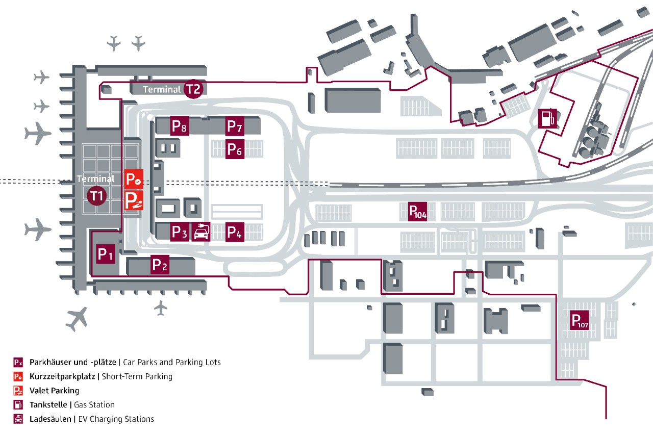 Kurzzeitparkplatz. Der Parkplatz, auf dem sie ihr Auto abgeben können, befindet sich direkt auf der Vorfahrt von Terminal 1.