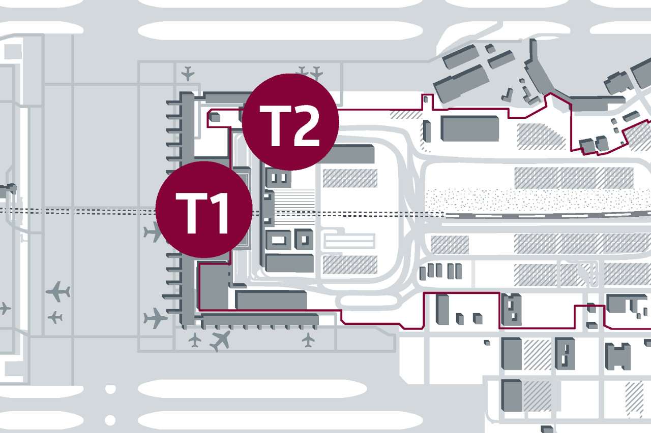 Außenkarte mit den Terminals 1 und 2.