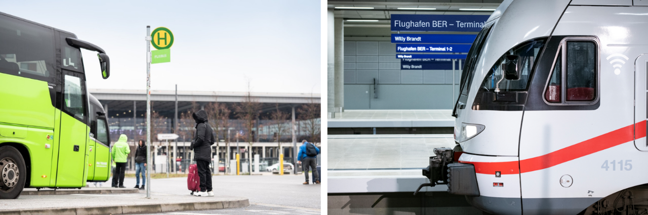 Ein grüner Flixbus an der Bushaltestelle vor dem Terminal. Rechts ist ein ICE Zug zu sehen im BER Bahnhof.