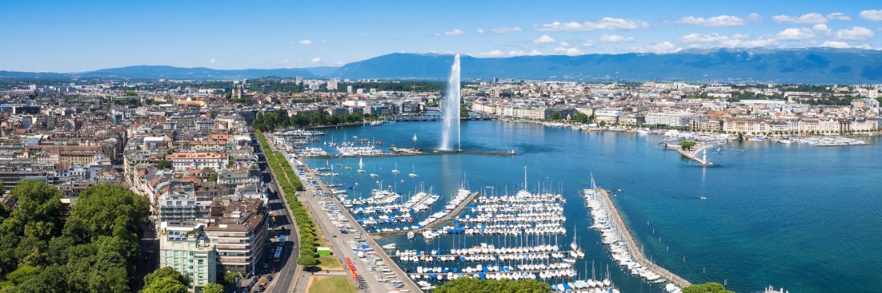 Luftaufnahme einer Stadt, die direkt an einem grün-blauen See liegt, in dem sich ein Hafen mit vielen kleinen Booten und eine Wasserfontäne befindet. Im Hintergrund sind flache Berge zu sehen. Entlang des Ufers verläuft eine Straße, deren Straßenränder mit Bäumen bepflanzt sind.