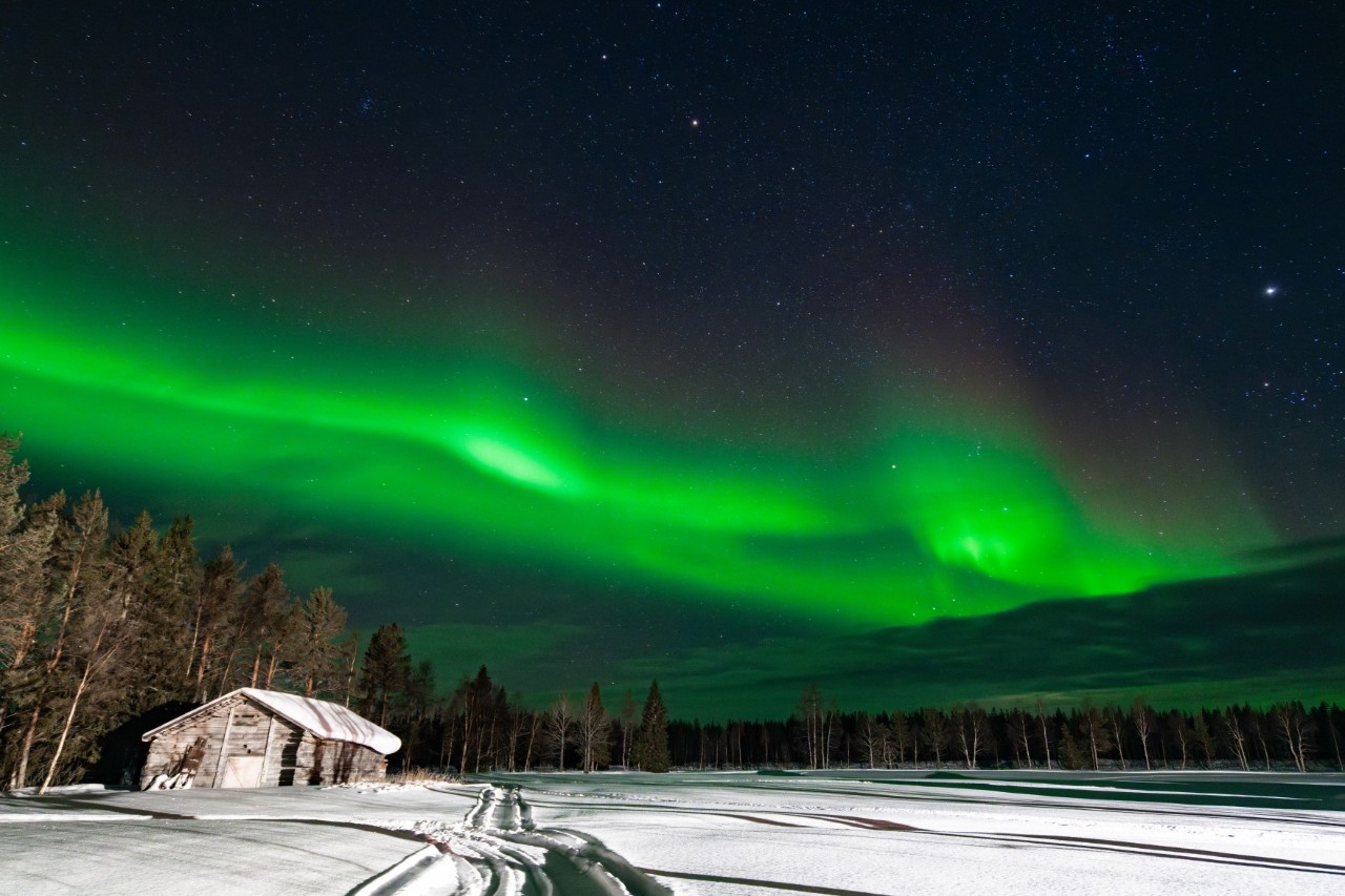 Eine verschneite Winterlandschaft mit einer Holzhütte am Waldrand und einem grünen, tanzenden Polarlicht am Nachthimmel.