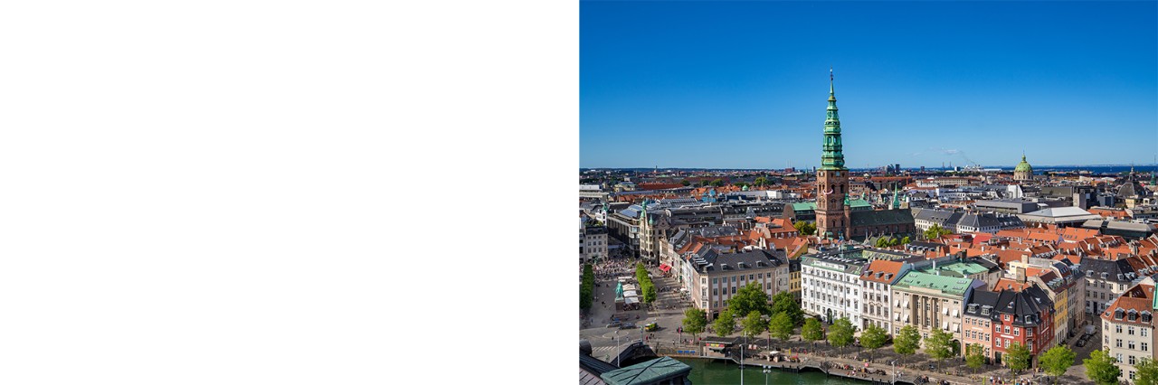 Altstadt von Kopenhagen. Kirchen ragen heraus. Dahinter das Meer.