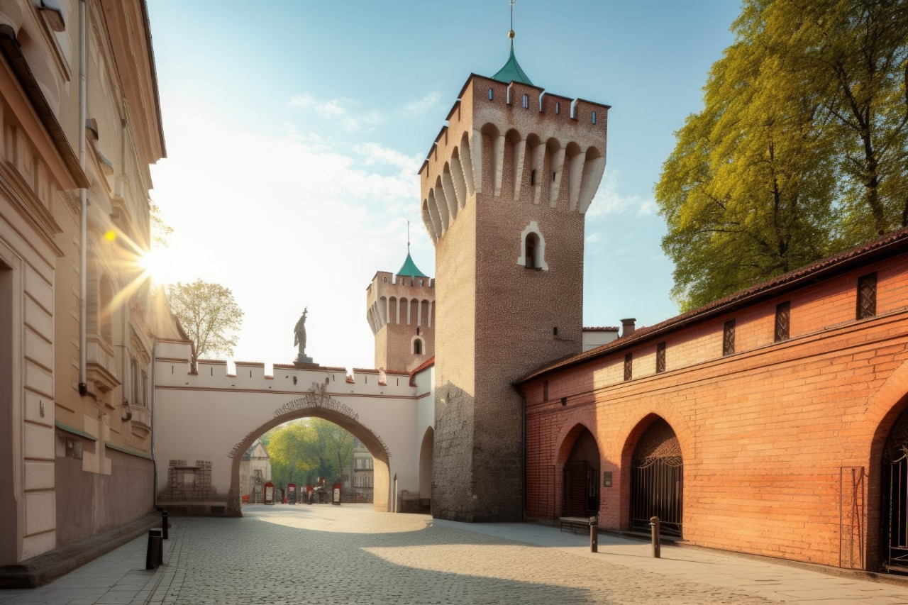 Auf der rechten Bildseite sind Teile der Stadtmauer zu sehen, in der Mitte das Florianstor mit seinen zwei Türmen 