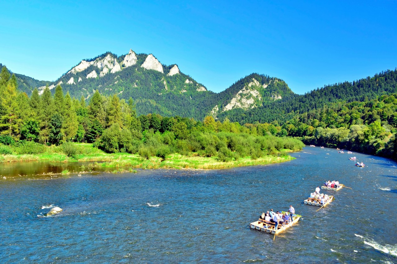 Blick auf einen breiten Fluss, auf dem mehrere Flöße mit Passagieren zu sehen sind. Am Horizont zeichnen sich hohe Berge eines Nationalparks ab 
