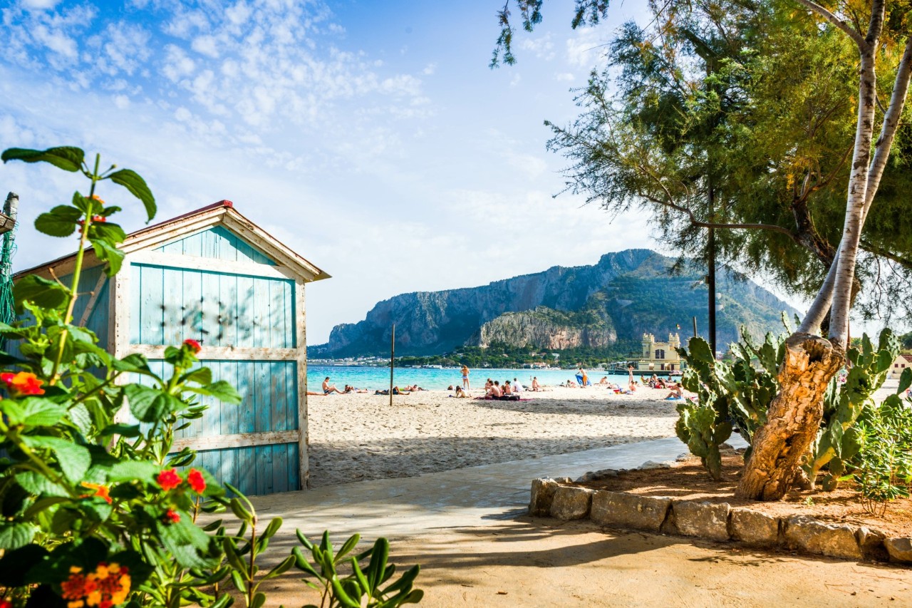 Pflanzen und Türkises Haus an einem hellen Sandstrand 