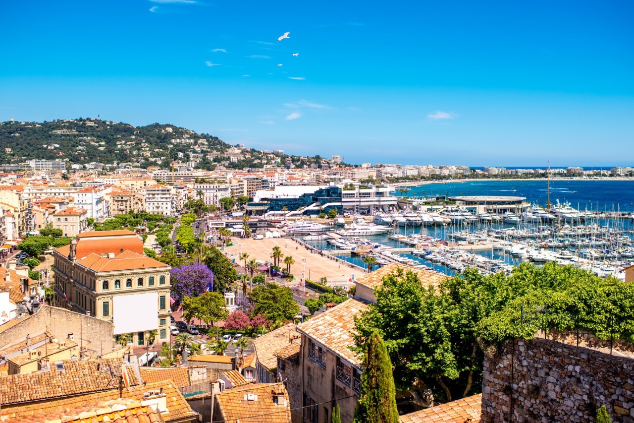 Blick auf Cannes und den Yacht-Hafen, Strand und Promenade, grüne Bepflanzung © rh2010/stock.adobe.com 