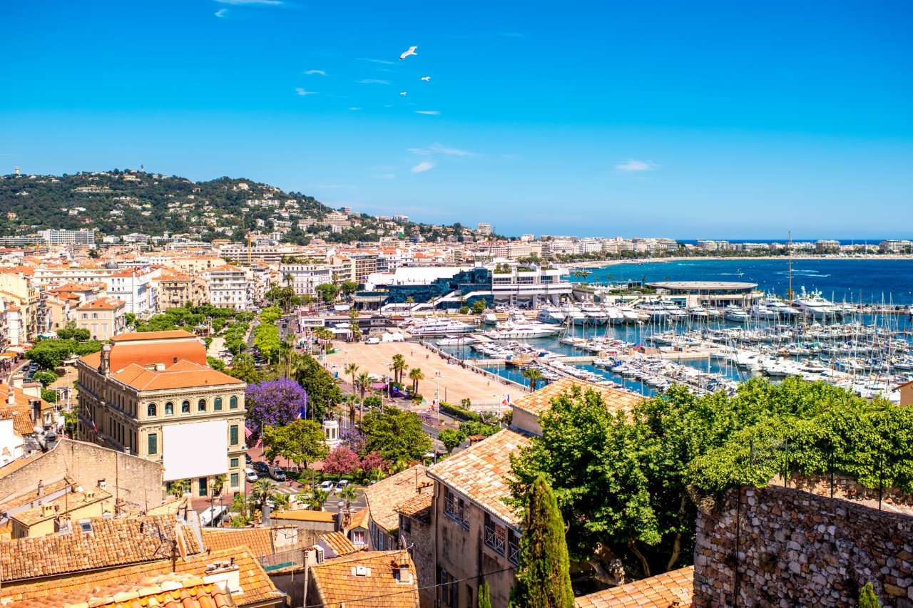 Cannes und mit dem Yacht-Hafen, Strand und Promenade, grüne Bepflanzung.