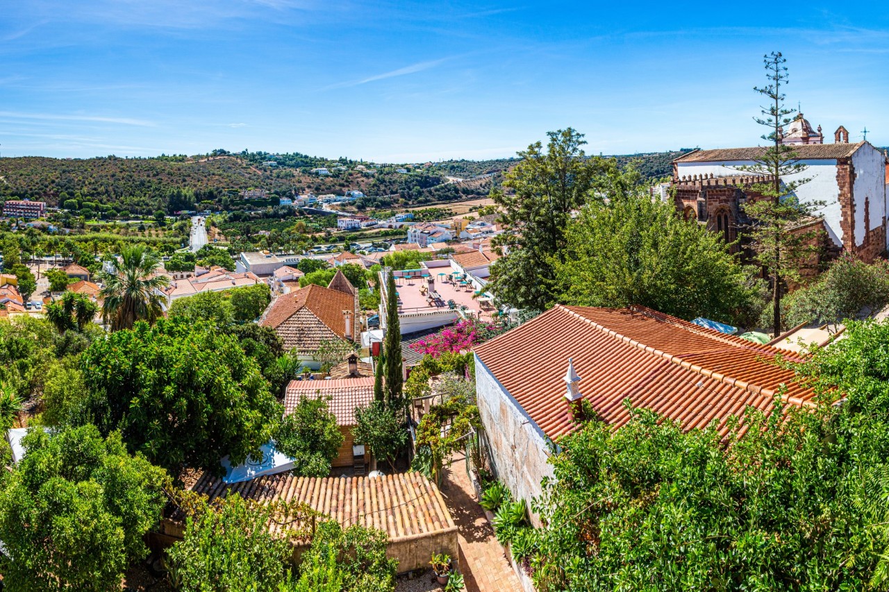 Blick von der Burg auf den Ort Silves mit kleinen Häusern und grüner Vegetation. 