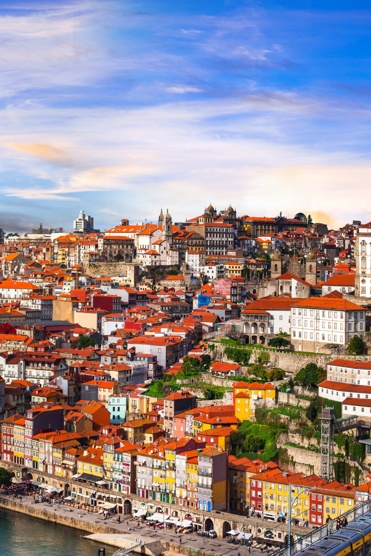Altstadt von Porto auf einem Hügel. Davor ein Fluss mit einer Brücke.