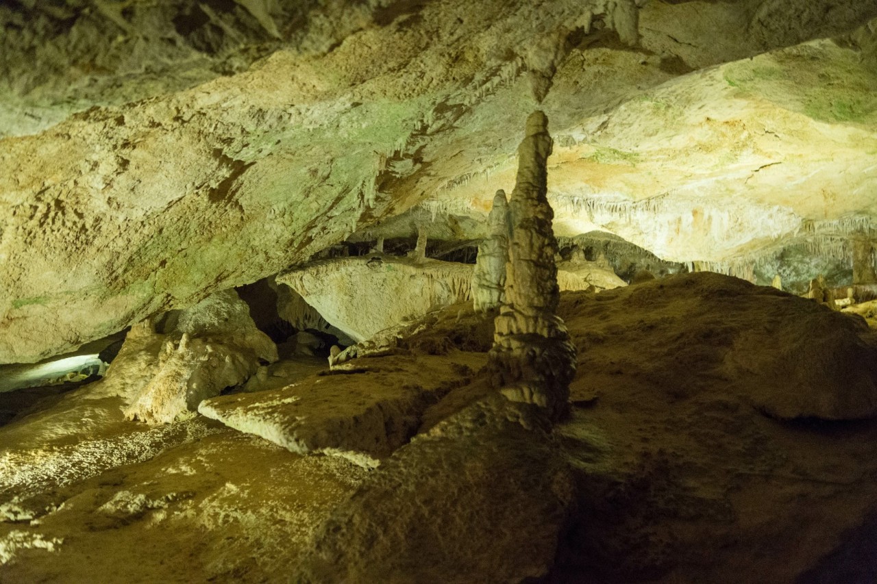 Das Bild zeigt das Innere einer Höhle mit Stalagmiten und Stalaktiten, die von der Decke und dem Boden emporragen. Die Wände sind aus hellem Gestein und mit warmem Licht beleuchtet. 
