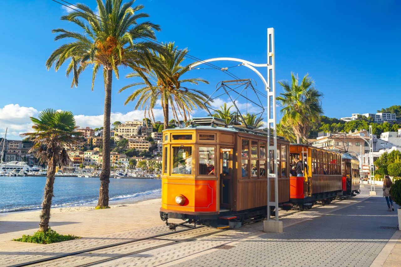 Historische Straßenbahn in der mallorquinischen Hafenstadt Port de Sóller an der Hafenpromenade, die von Palmen gesäumt ist © proslgn/stock.adobe.com