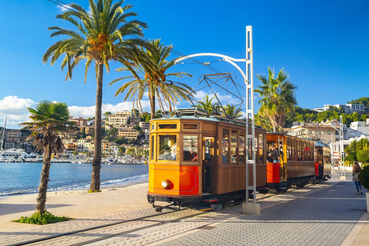 Historische Straßenbahn in der mallorquinischen Hafenstadt Port de Sóller an der Hafenpromenade, die von Palmen gesäumt ist 