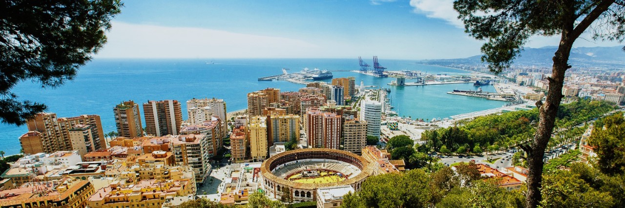 Blick vom Berg auf den Hafen von Malaga mit modernen Gebäuden.