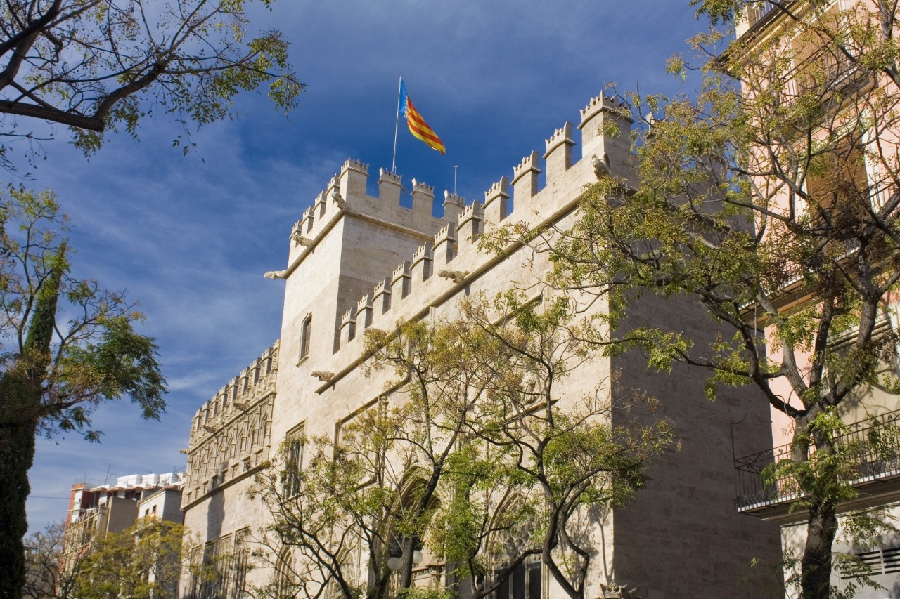 Helles, großes Gebäude mit spanischer Flagge, blauem Himmel und grünen Bäumen 