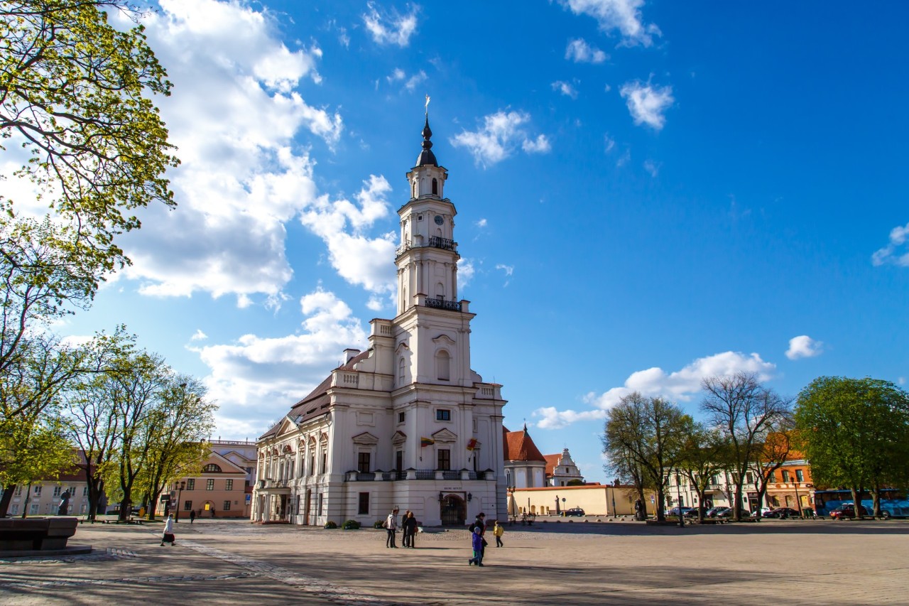 Weißes Rathaus auf einem fast menschenleeren Platz, umgeben von Häusern und Bäumen im Frühling © GeniusMinus/stock.adobe.com 