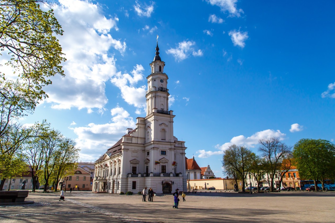 Weißes Rathaus auf einem fast menschenleeren Platz, umgeben von Häusern und Bäumen im Frühling 