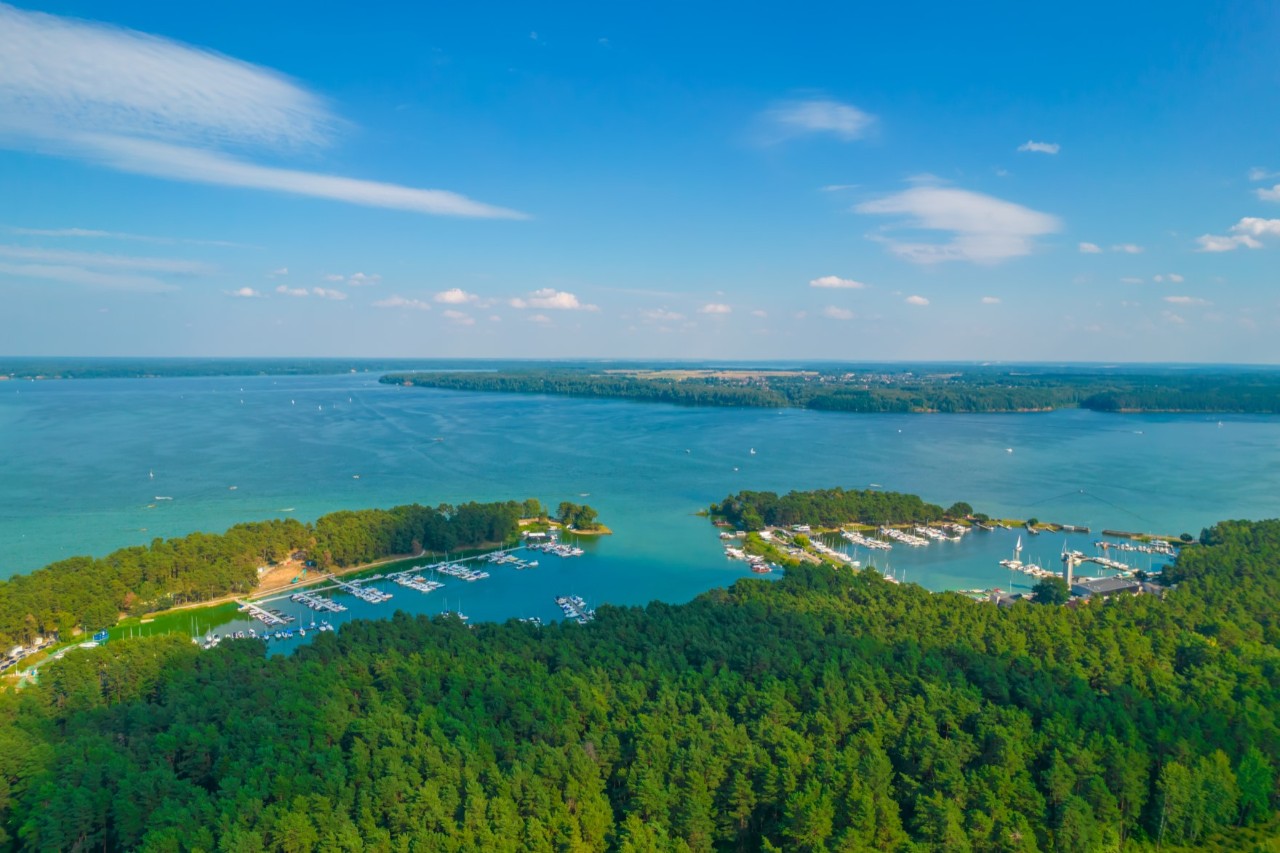 Luftbild auf eine Naturlandschaft mit dichtem Wald im Vordergrund, einem dahinterliegenden Hafen, der auf einen großen See hinausführt 