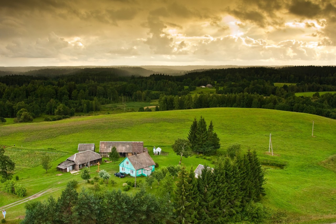 Blick auf einen aus mehreren Gebäuden bestehenden Bauernhof, der von grünen Wiesen und Wäldern umgeben ist 