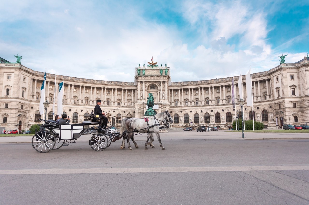 Fiaker mit zwei Pferden vor der Hofburg in Wien.