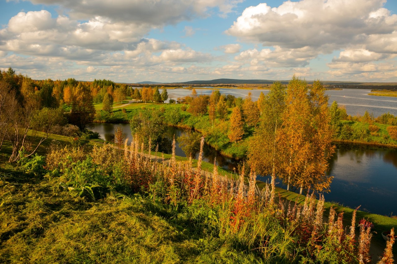 herbstliche Flusslandschaft mit bunten Bäumen und Wiesen.