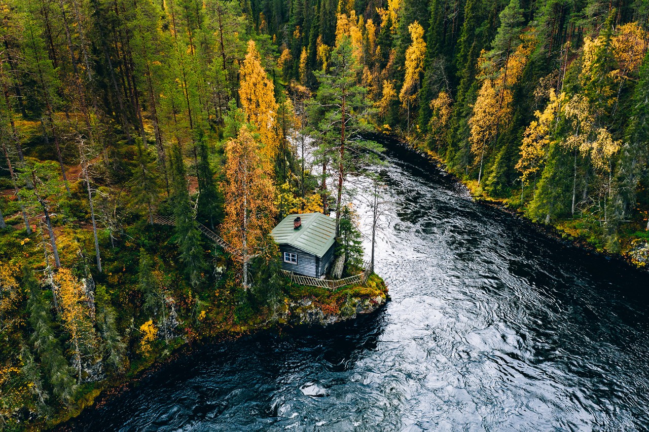 Kleine Holzhütte auf einer Landzunge an einem dunklen Fluss, umgeben von dichtem Wald mit herbstlich gelb gefärbten Bäumen.
