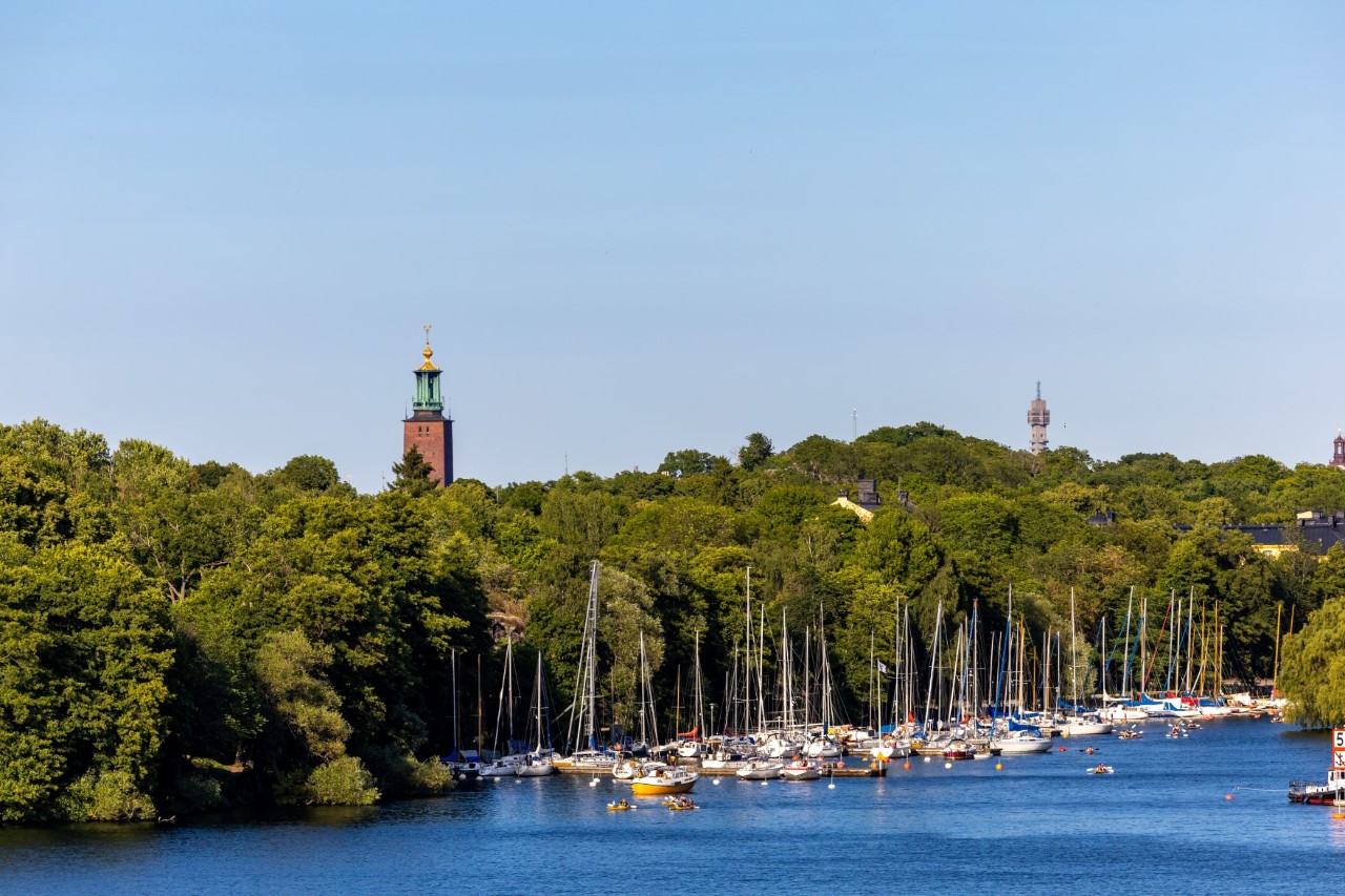 Stadshuset mit Turm und Segelbooten vor blauem Himmel.