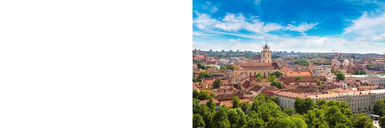 Luftbild der Altstadt von Vilna mit historischen Häusern und grünen Bäumen.