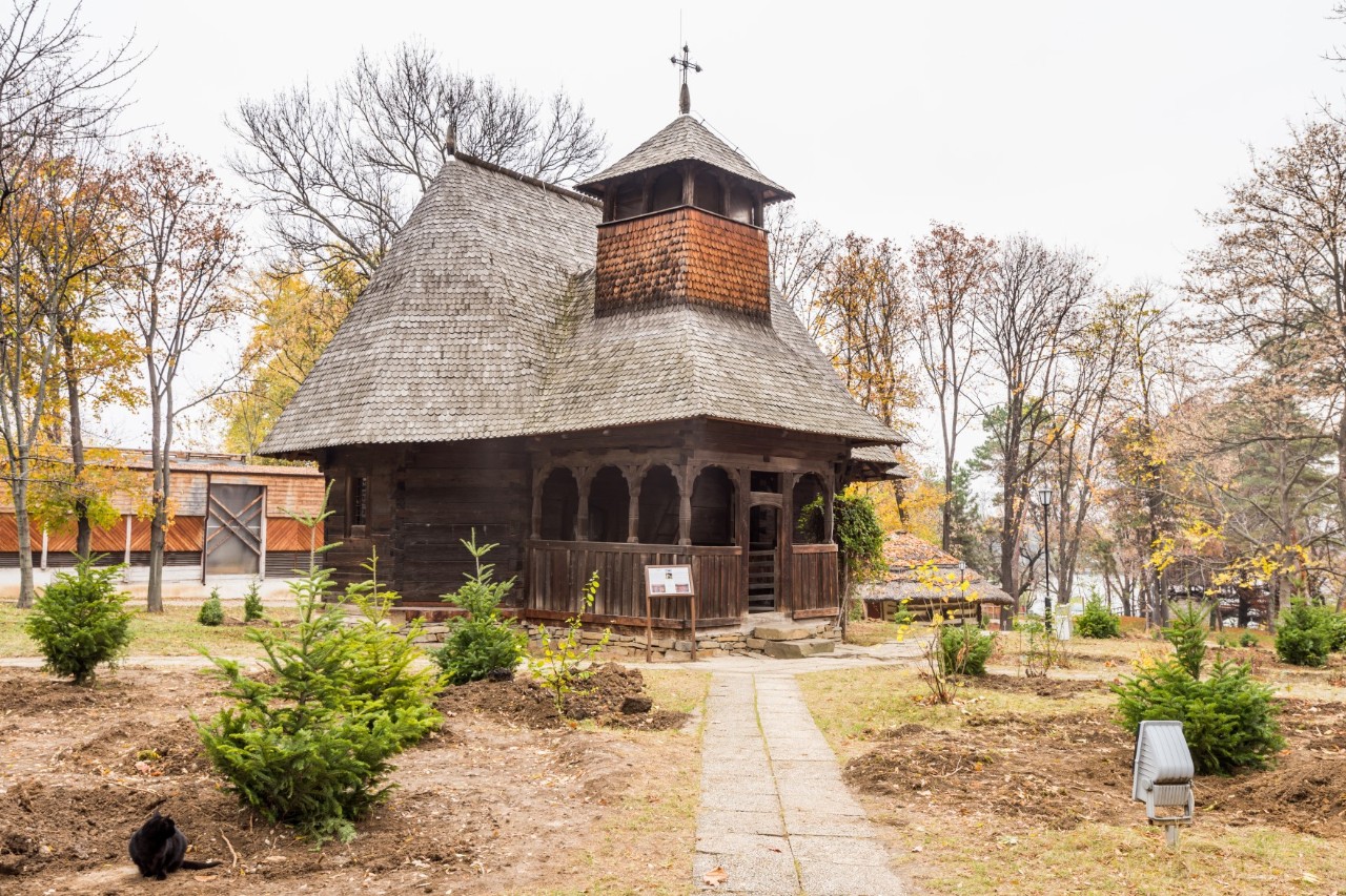 Eine einzelne Kirche im Freilichtmuseum, umgeben von kleinen Nadelbäumen und größeren Laubbäumen. 
