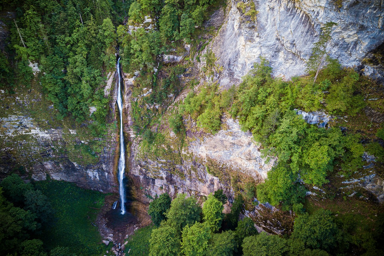 Schmaler, langer Wasserfall stürzt eine hohe Felswand hinab in ein natürliches Wasserbecken, umgeben von dichtem grünem Wald.