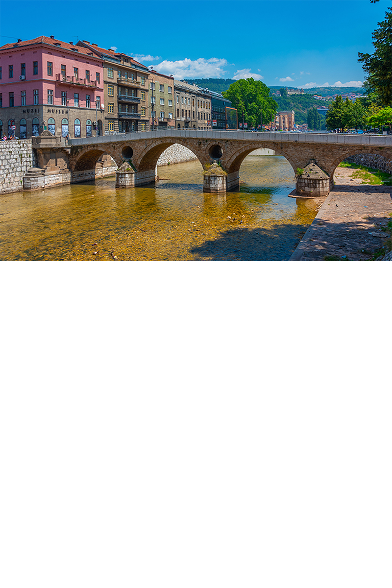 Eine historische Steinbogenbrücke überspannt einen Fluss. Am linken Ufer stehen dicht aneinandergereihte Häuser, im Hintergrund sind bewaldete Berge zu sehen.