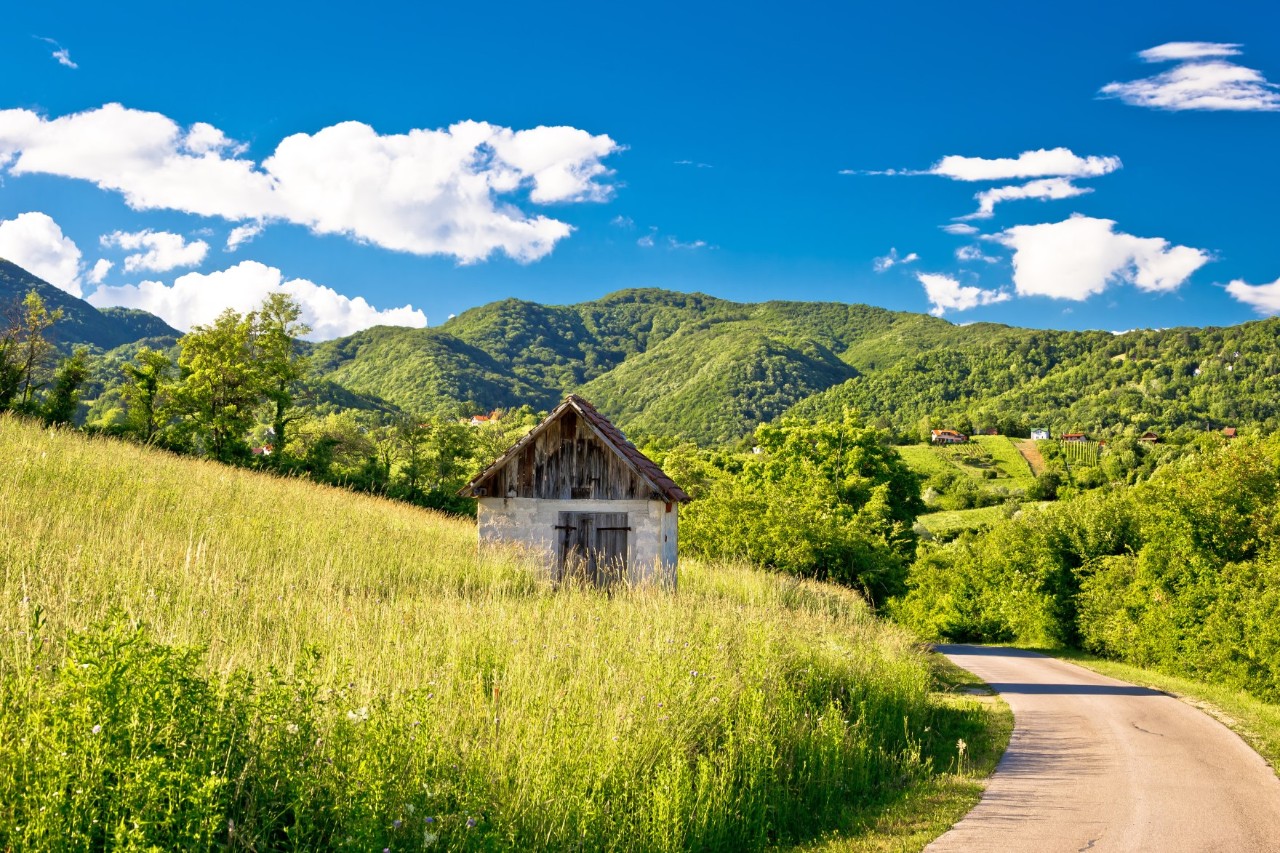 Kleine Hütte auf einer Wiese mit Weg in grüner Berglandschaft 