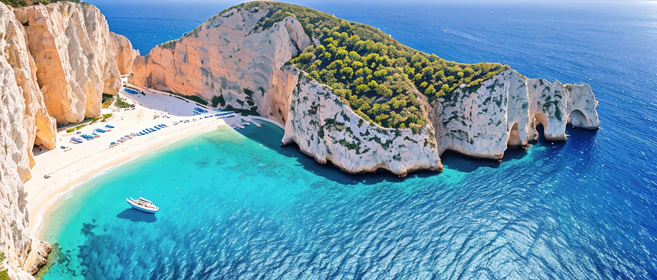 Luftbild vom Navagio Beach mit Schiffswrack und türkisblauem Wasser auf Zakynthos.