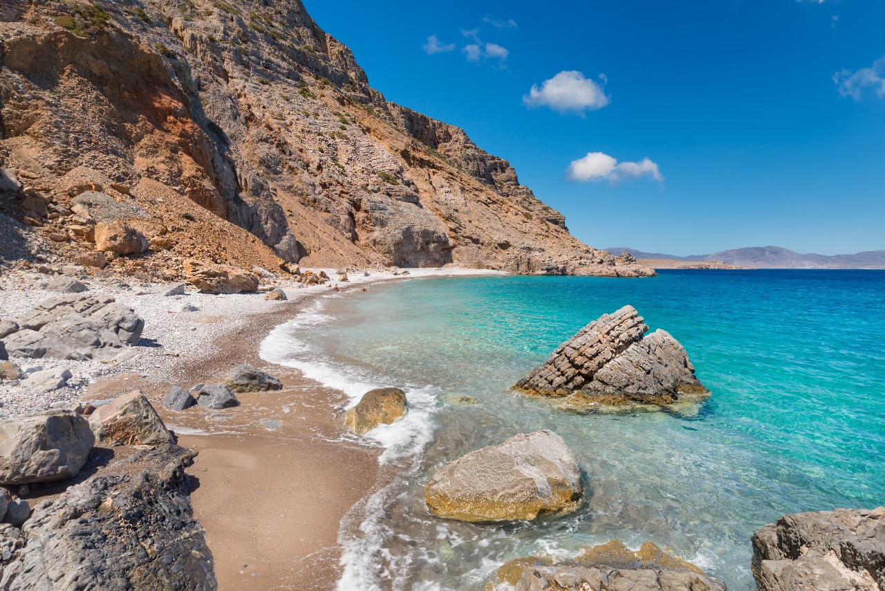 Strand mit türkisblauem Wasser unter steiler Felsküste und klarem Himmel.