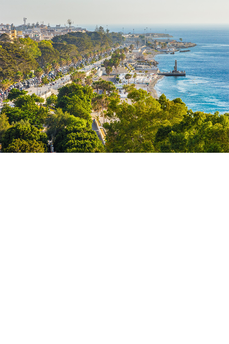 Uferpromenade, die von Palmen und grünen Bäumen gesäumt ist. Rechts im Bild erstreckt sich das blaue Meer, während im Hintergrund Häuser sichtbar sind. 