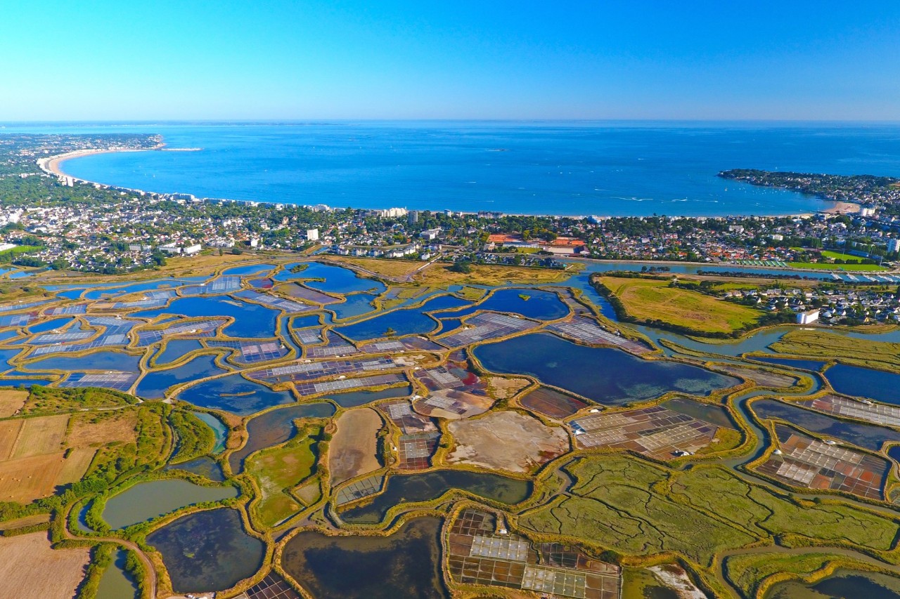 Weite Landschaft mit Wasserbecken, die Teil von Salzgärten sind. Die Becken sind durch schmale Dämme voneinander getrennt. Im Hintergrund ist eine Bucht und das Meer zu sehen. 