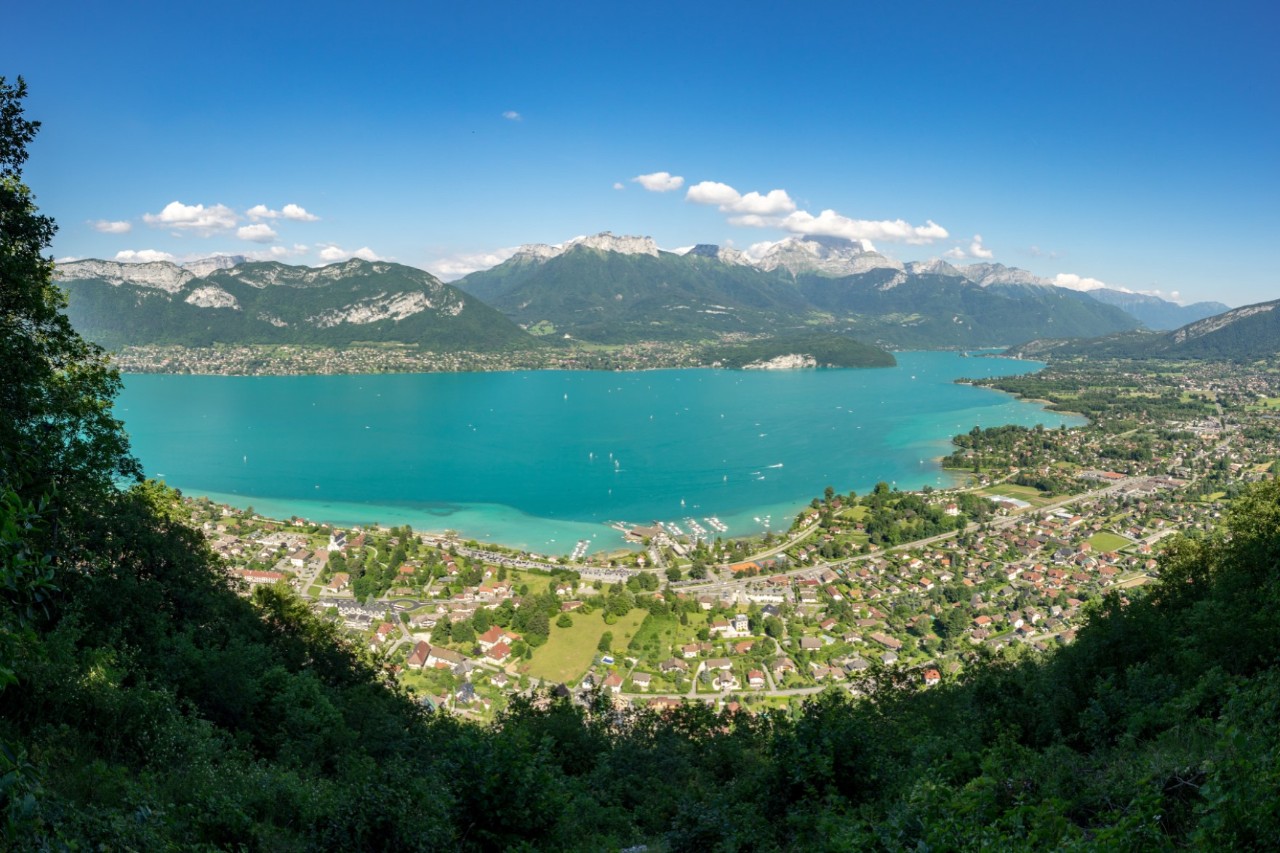 Luftbild von türkisfarbenem Bergsee mit Alpen im Hintergrund.