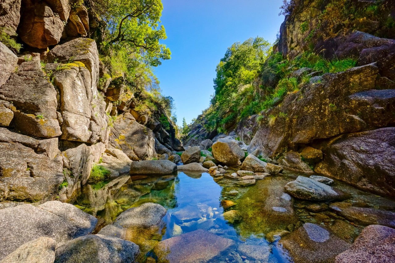 Klarer Bergbach im grünen Peneda-Gerês-Nationalpark in Nordportugal.