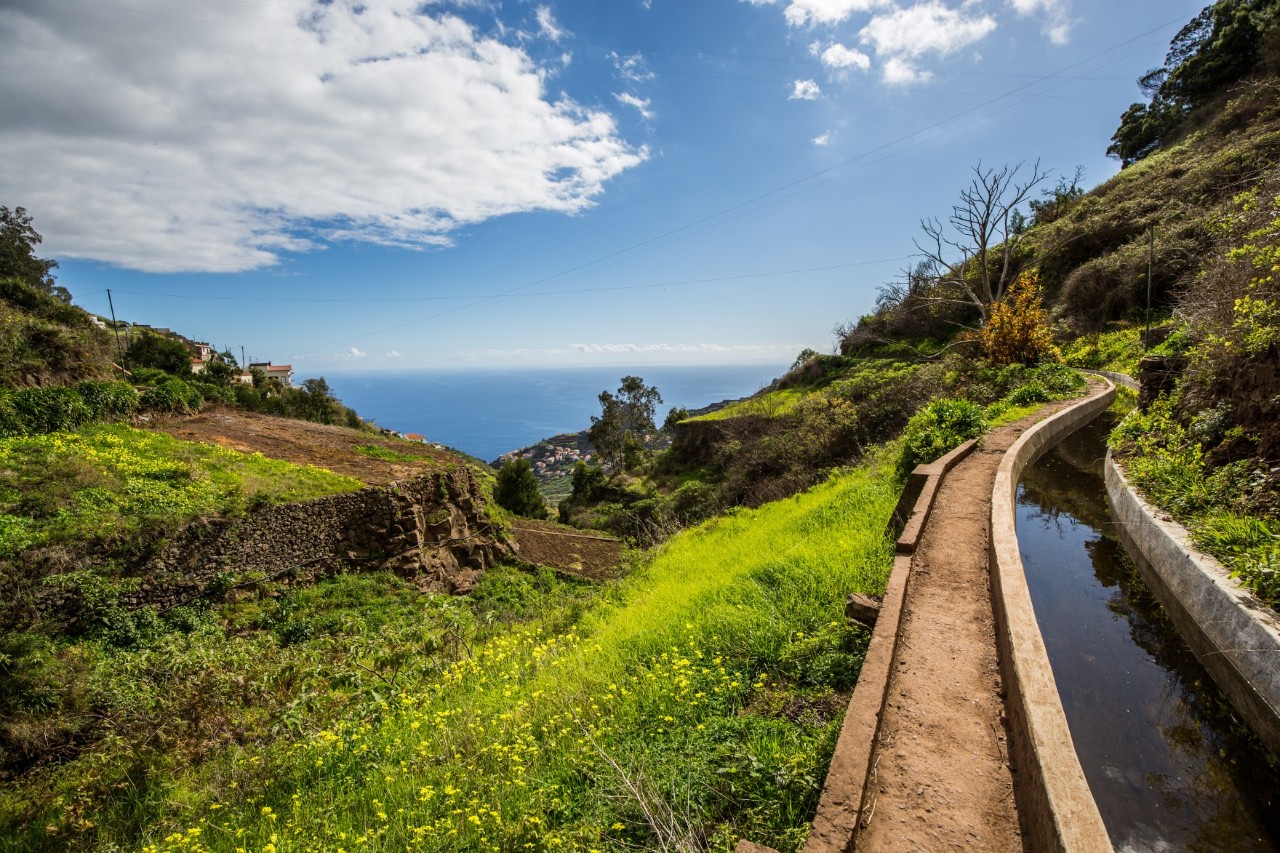 Kleiner Pfad in der grünen Natur entlang eines Wasserkanals mit Blick auf das Meer 