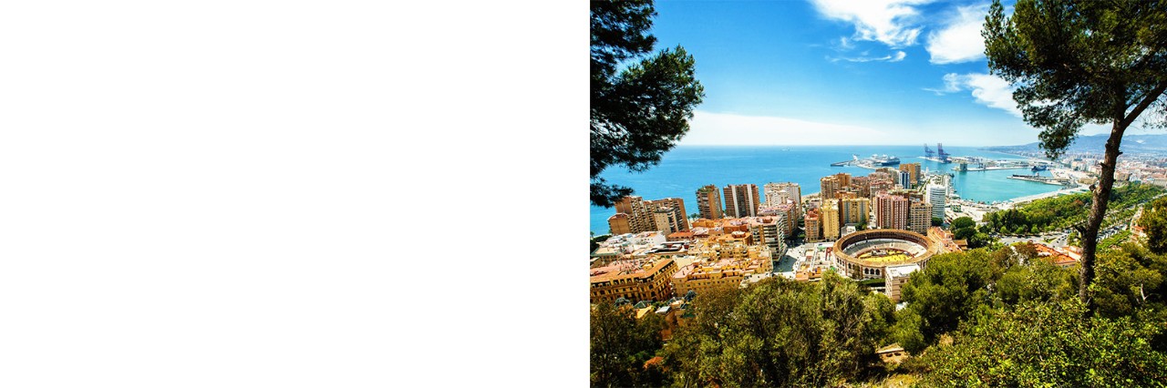 Hafen von Málaga mit modernen Gebäuden, im Vordergrund grüne Vegetation.