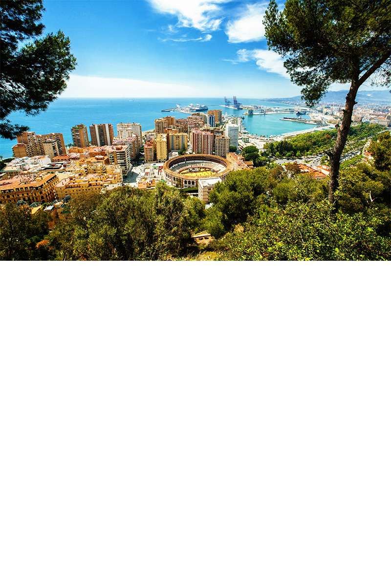 Hafen von Málaga mit modernen Gebäuden, im Vordergrund grüne Vegetation.